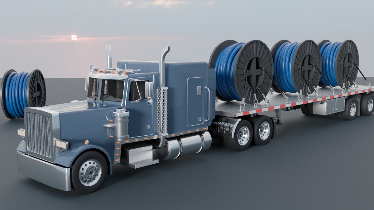 American Semi Truck with Flatbed Trailer & Cable Reel Cargo