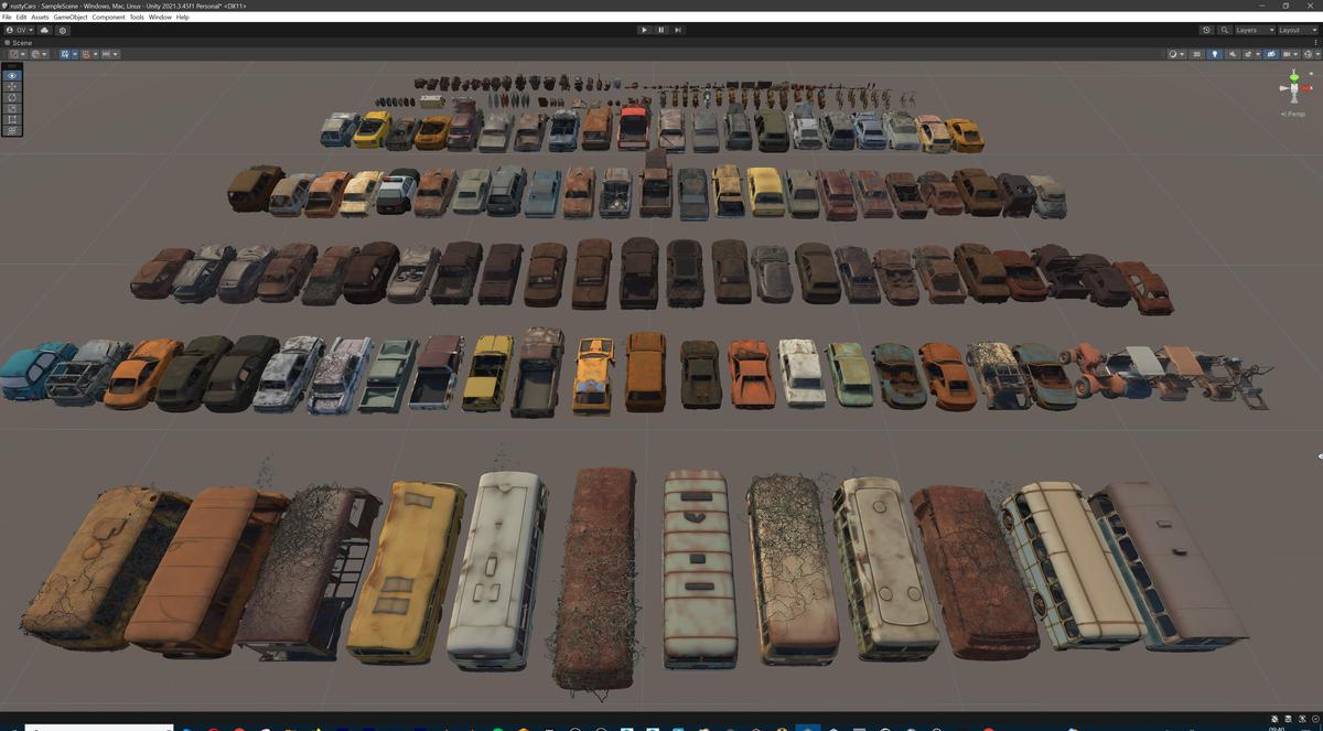 Old Abandoned Junk Rusty Vehicles 3d Game Ready Set (Car, Bus, Motorcycle, Bike)