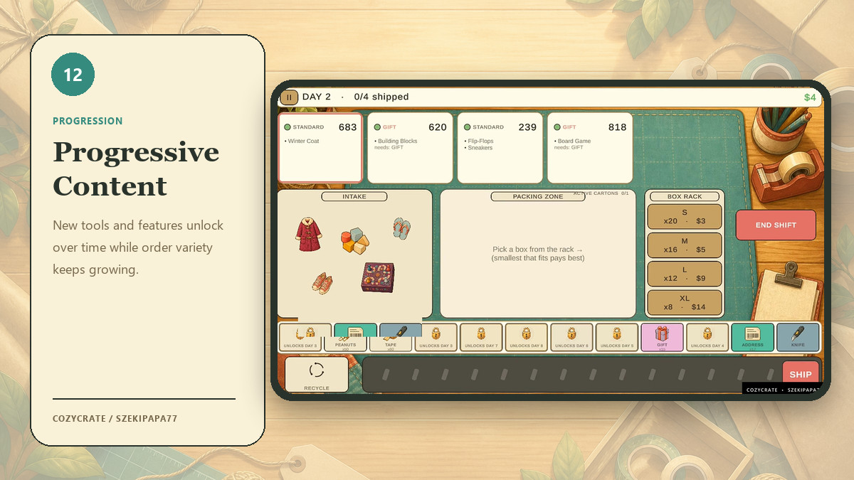 CozyCrate - Complete 2D Packing & Management Game Template
