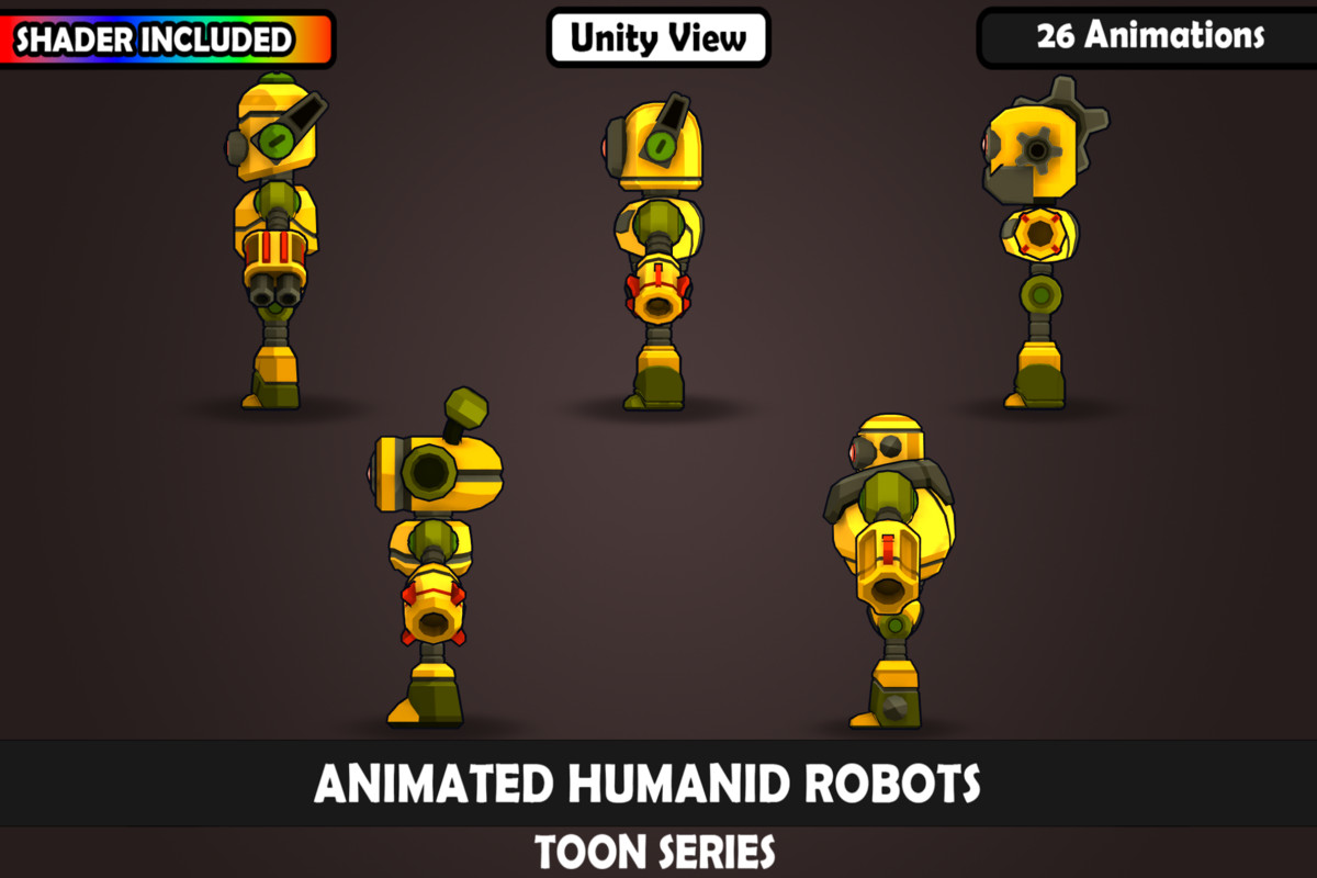 V1 Animated Toon Humanoid Robot Charcaters : 5 Characters, 26 Animations, Matcap