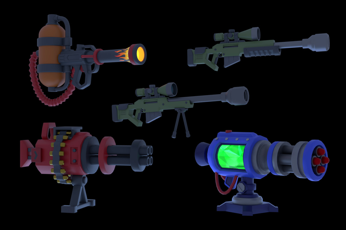 Realistic FPS Weapon & Turret Pack – Flamethrower, Gatling, Sniper with Bullets