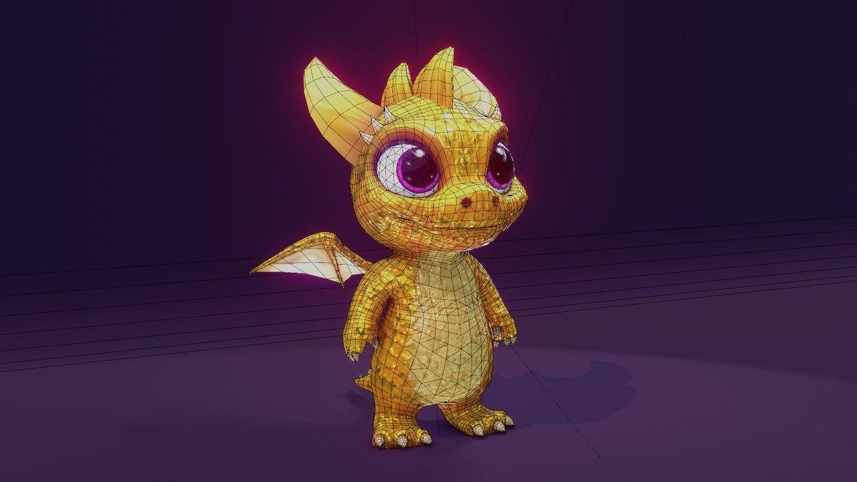 Cartoon Gold Dragon 3D Model (Low-Poly, Game-Ready, Animated, Built-In)