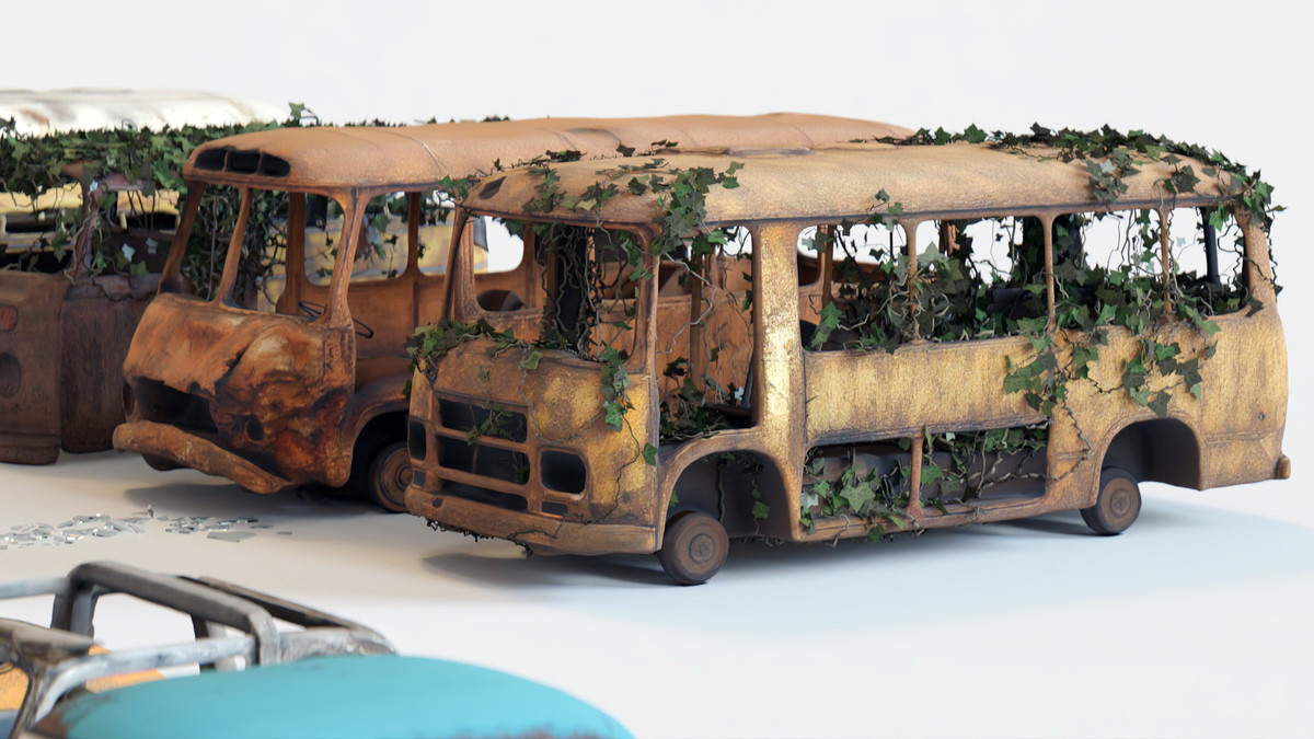 Old Abandoned Junk Rusty Vehicles 3d Game Ready Set (Car, Bus, Motorcycle, Bike)