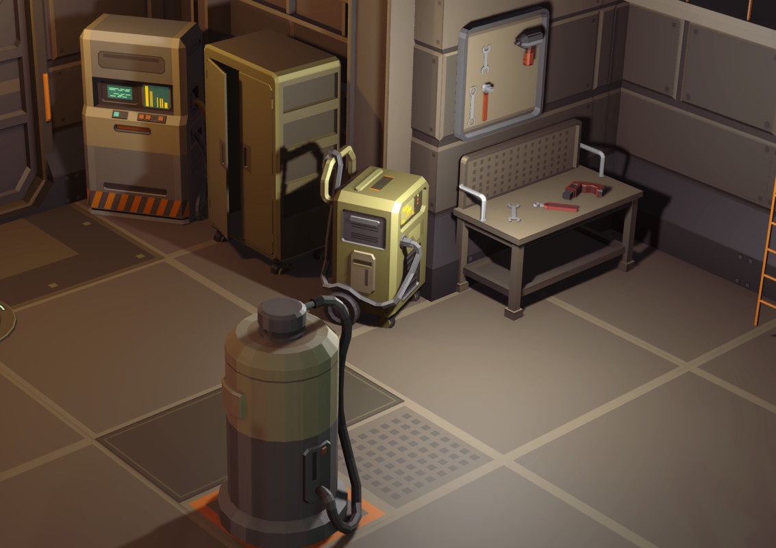 Low Poly Sci-Fi Hangar 90+ Cosmic Retro Props & Environment