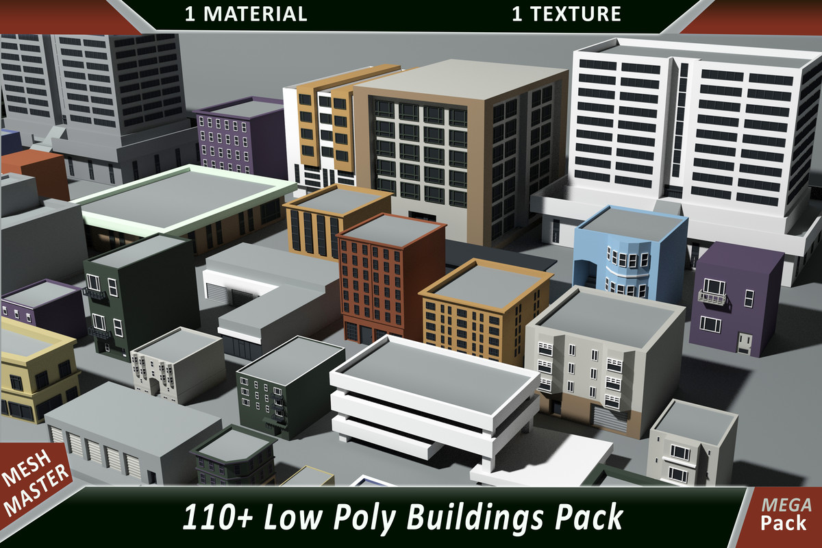 110+ low poly buildings pack