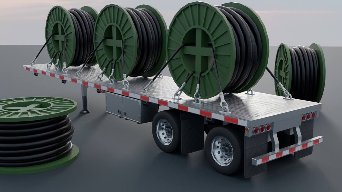 American Semi Truck with Flatbed Trailer & Cable Reel Cargo