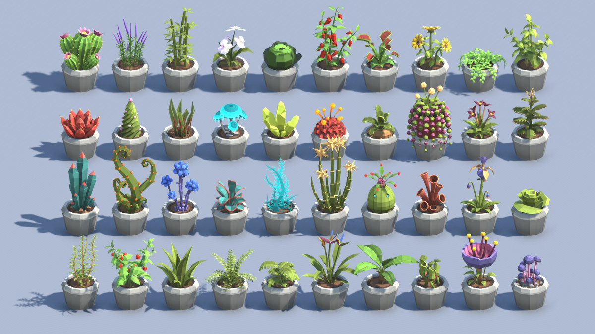 Low Poly Plants & Pots Pack with Growth System / Cosmic Retro