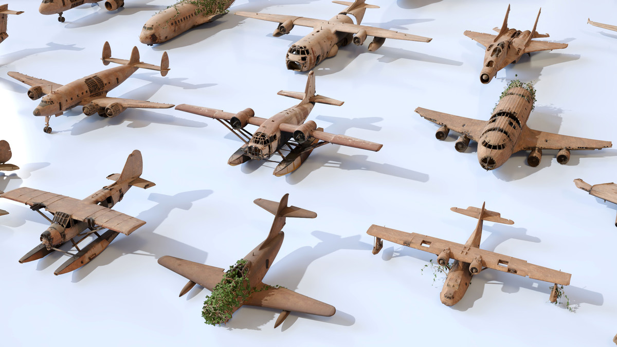 Old Abandoned Junk Rusty Aircraft and Helicopter Set 3d Game Ready Modular Props