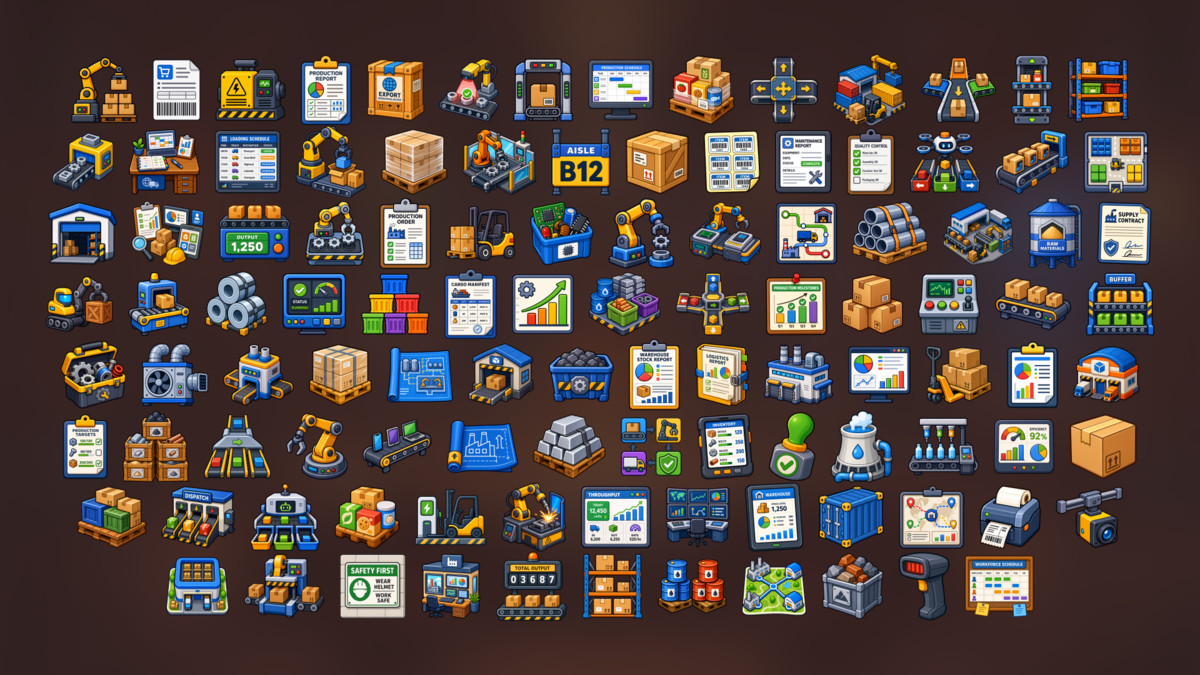 Factory Logistics Warehouse Production Automation Icons Pack