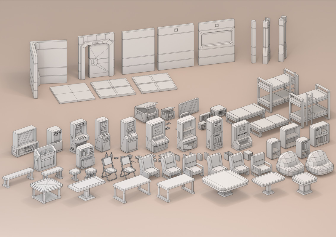 Sci-Fi Low Poly Interior Bundle: Grand Colony Collection (5-in-1) | Cosmic Retro