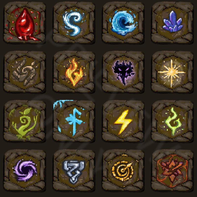 Fantasy Rune Icon Pack – 16 RPG Icons (256px / 64px PNG + PSD)