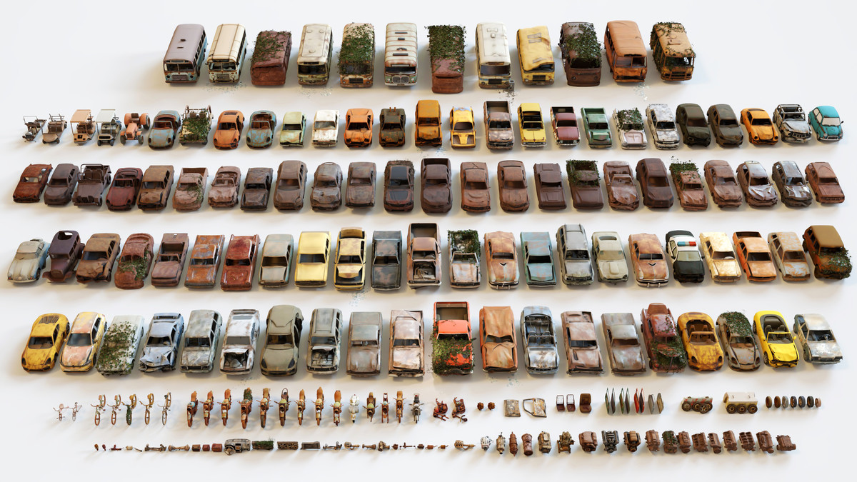 Old Abandoned Junk Rusty Vehicles 3d Game Ready Set (Car, Bus, Motorcycle, Bike)