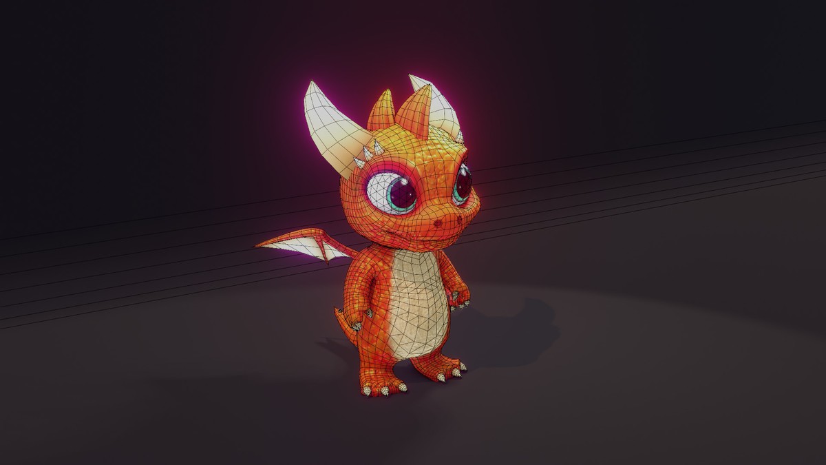 Cartoon Orange Baby Dragon 3D Model (Low-Poly, Game-Ready, Animated, Built-In)
