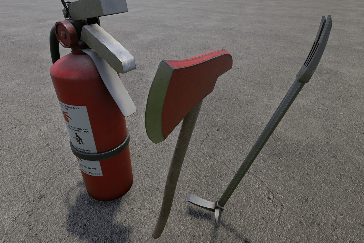 Fire Extinguisher, Crowbar & Fire Axe
