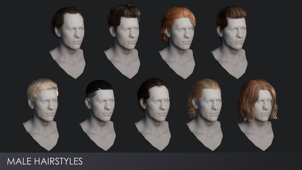 Realistic male hairstyles, pack #6 | Rigged hair, game-ready, low-poly
