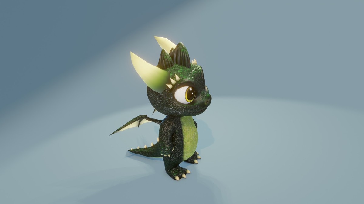 Cartoon Dark Green Baby Dragon 3D Model (Low-Poly, Game-Ready, Built-In)