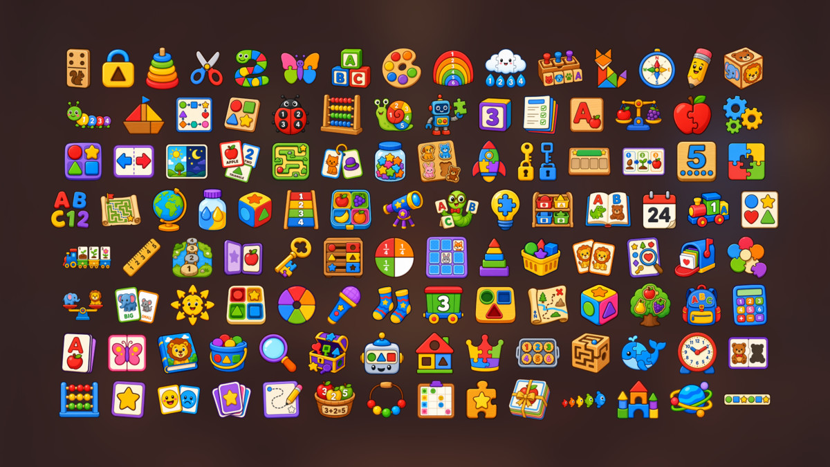Kids Education Preschool Learning Numbers Shapes Puzzle Icons Pack
