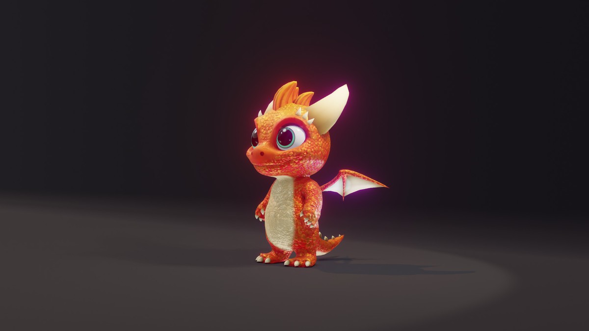 Cartoon Orange Baby Dragon 3D Model (Low-Poly, Game-Ready, Animated, Built-In)