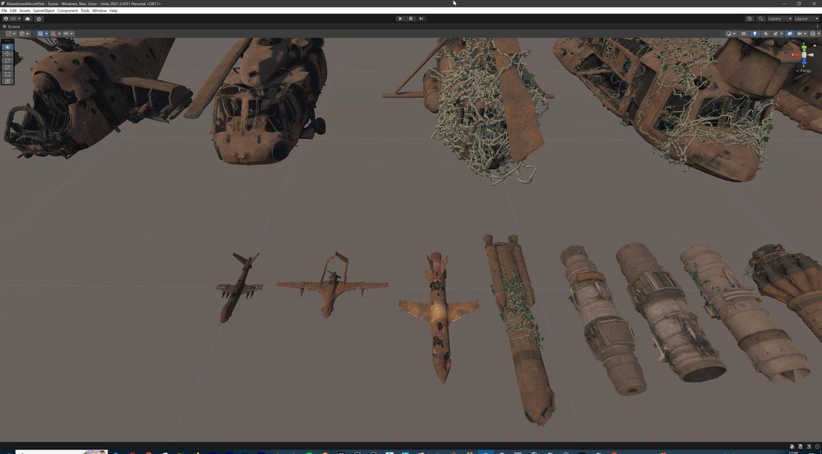 Old Abandoned Junk Rusty Aircraft and Helicopter Set 3d Game Ready Modular Props