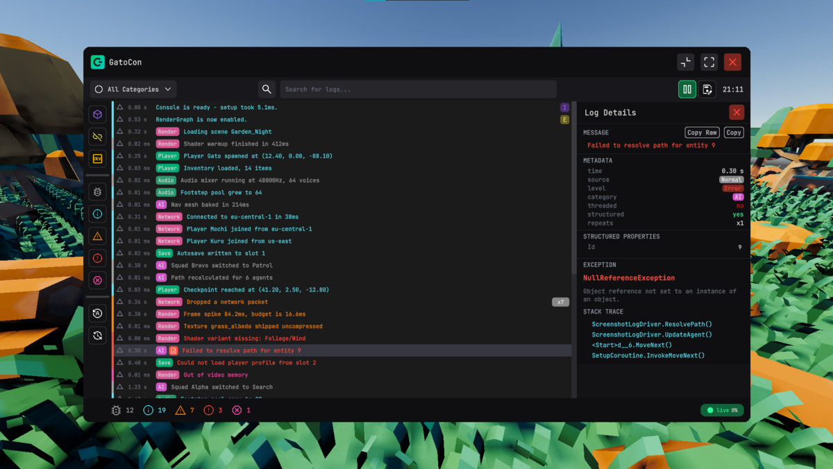 GatoCon - Runtime Debug Console & Structured Logging