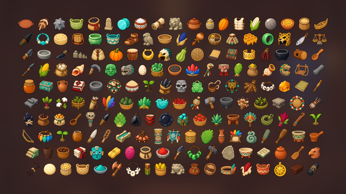 Mesoamerican Aztec Maya Culture Artifacts Farming Tools Icons Pack