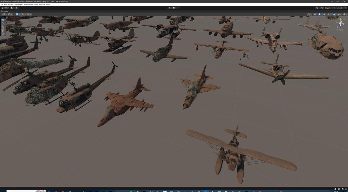 Old Abandoned Junk Rusty Aircraft and Helicopter Set 3d Game Ready Modular Props