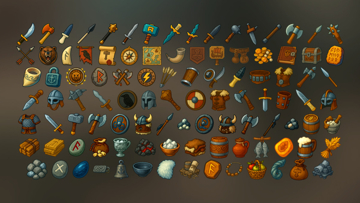 Viking Themed Game Icons Pack – Weapons, Tools, Resources & UI Elements