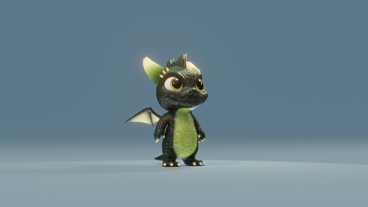 Cartoon Dark Green Baby Dragon 3D Model & 5 Music Tracks & 36 Sound Effects