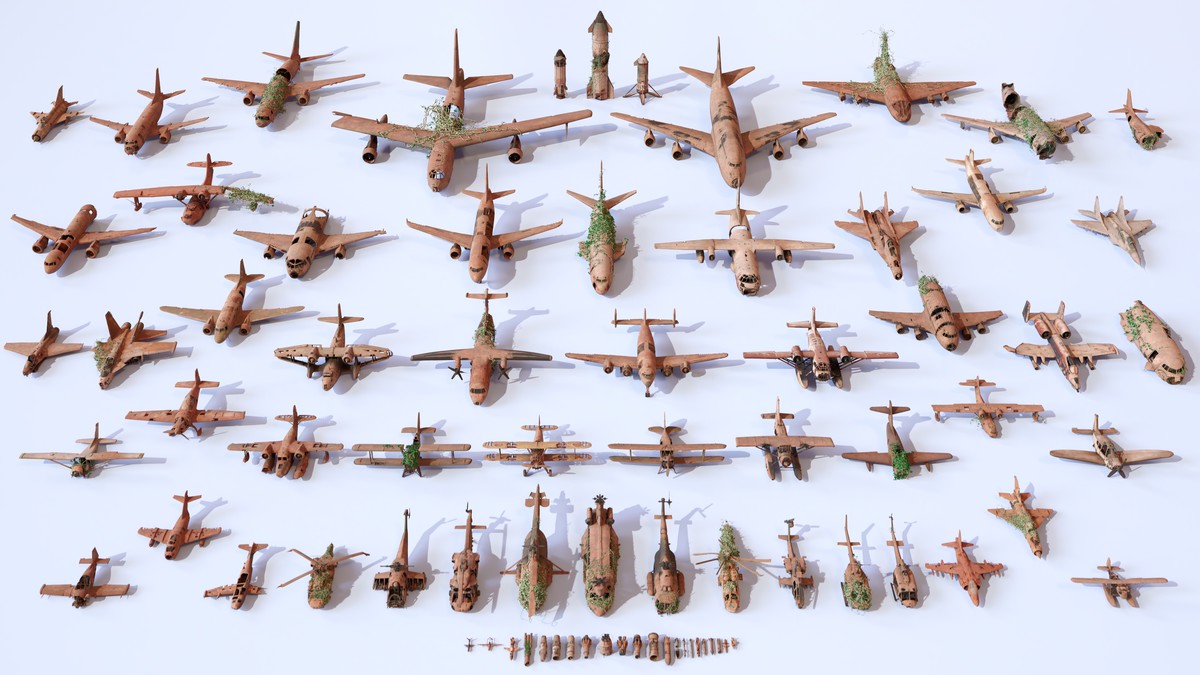 Old Abandoned Junk Rusty Aircraft and Helicopter Set 3d Game Ready Modular Props