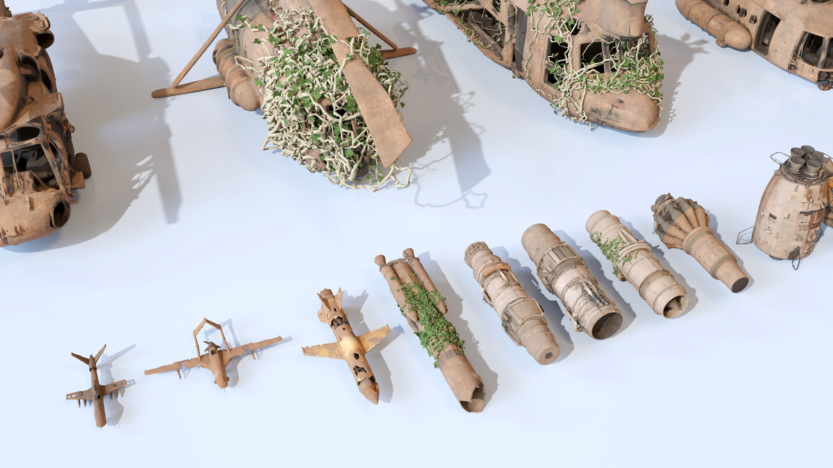 Old Abandoned Junk Rusty Aircraft and Helicopter Set 3d Game Ready Modular Props