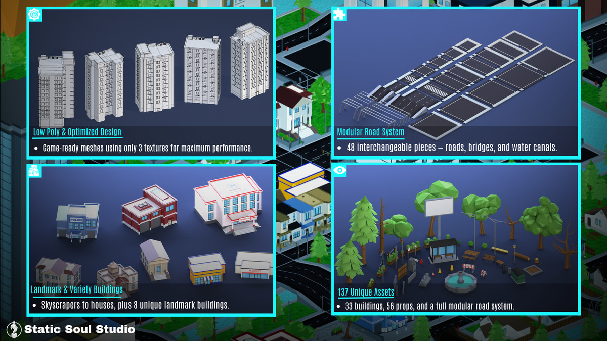 Low Poly City Pack – Modular Buildings, Roads & Props
