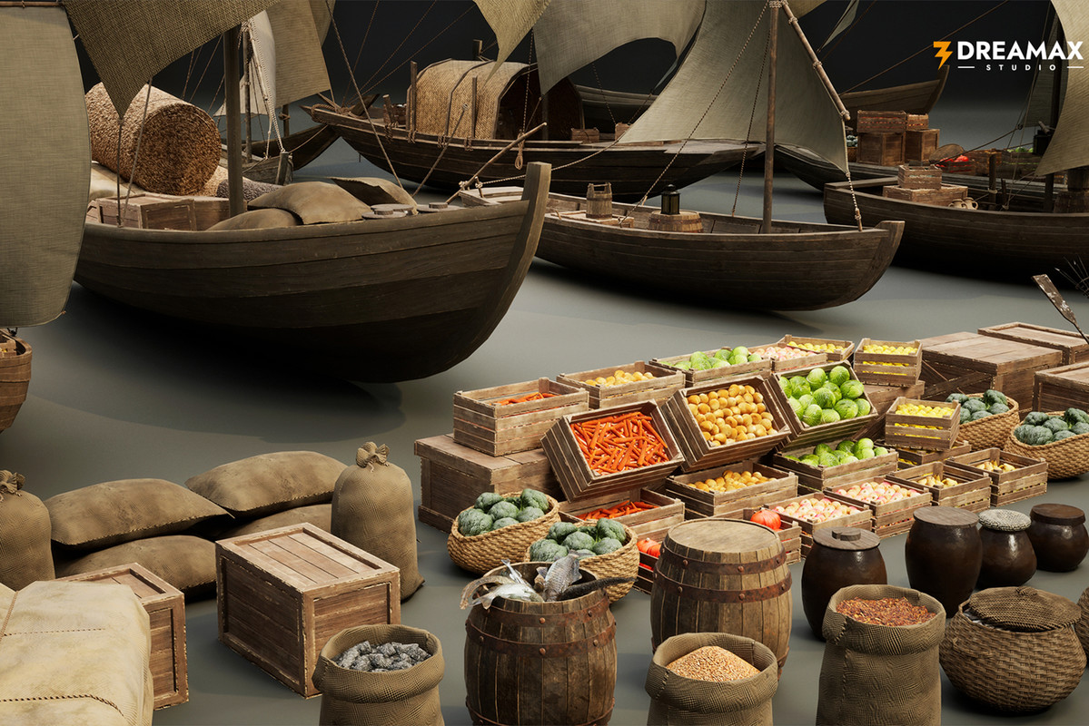 Medieval Sailing Boats & Harbor Market Props Pack – Cargo, Market & Dock Assets