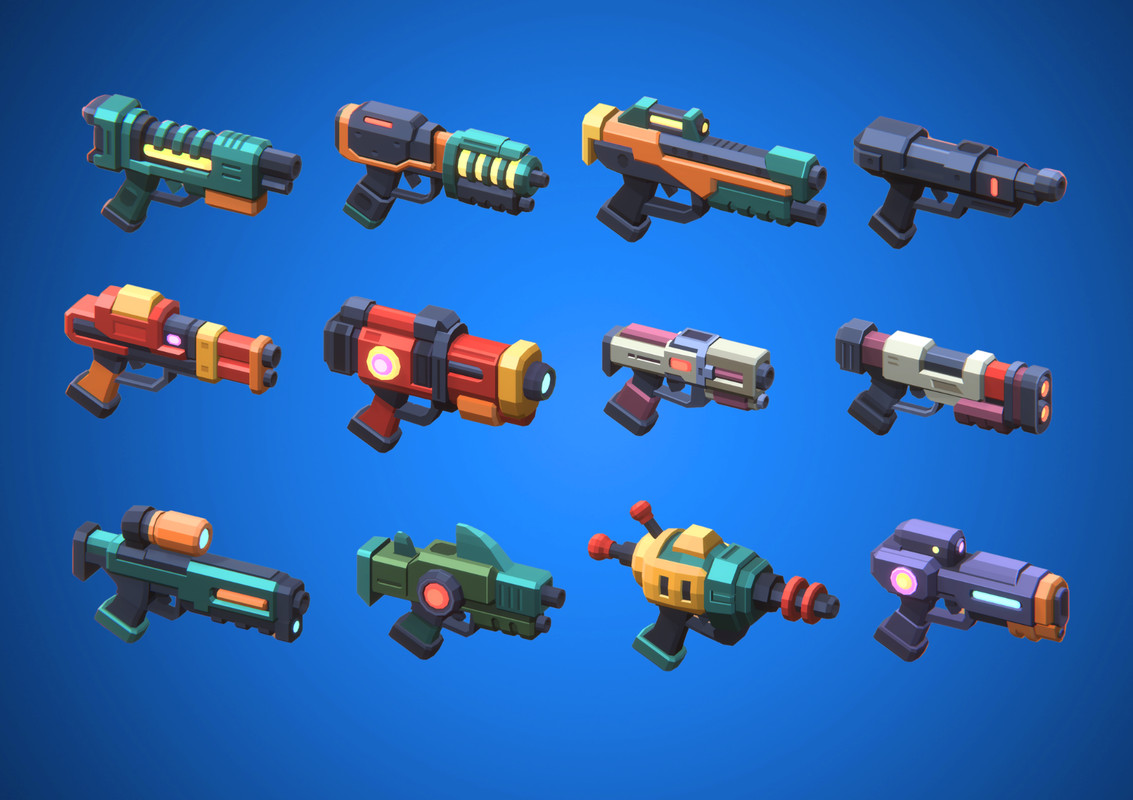 Low Poly Sci-Fi Blasters Bundle (36 weapons) - Retro Style