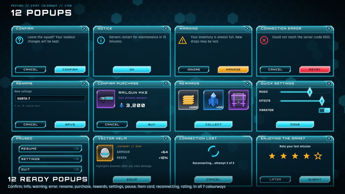 Holo UI: Sci-Fi GUI Kit | 724 Prefabs, 69 Demo Scenes, HUDs & Mobile