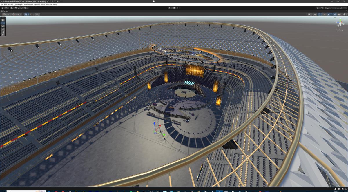 Golden Concert Arena Stadium 3D Model - Futuristic Environment with Stage, Props
