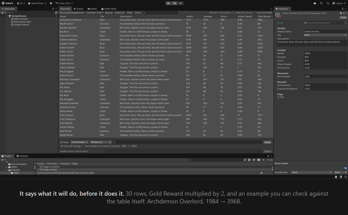 Rowsmith — ScriptableObject Spreadsheet Editor