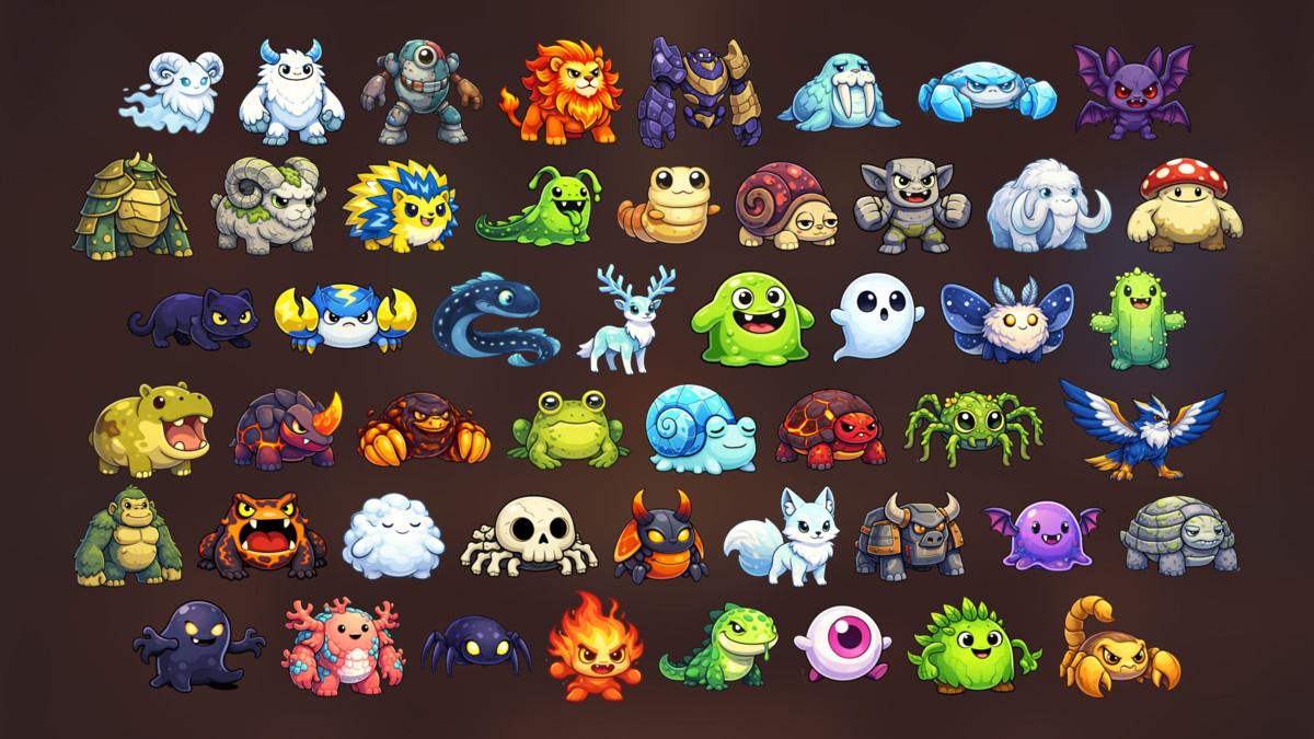 Fantasy Creature Monsters with Matching Eggs Evolution Icon Pack