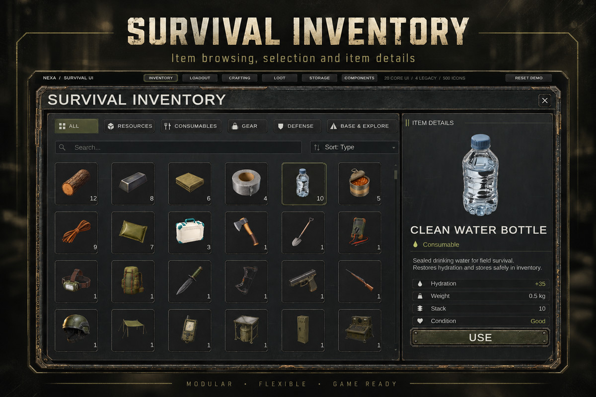 Survival UI Kit – 500 Icons & 5 Demo Screens