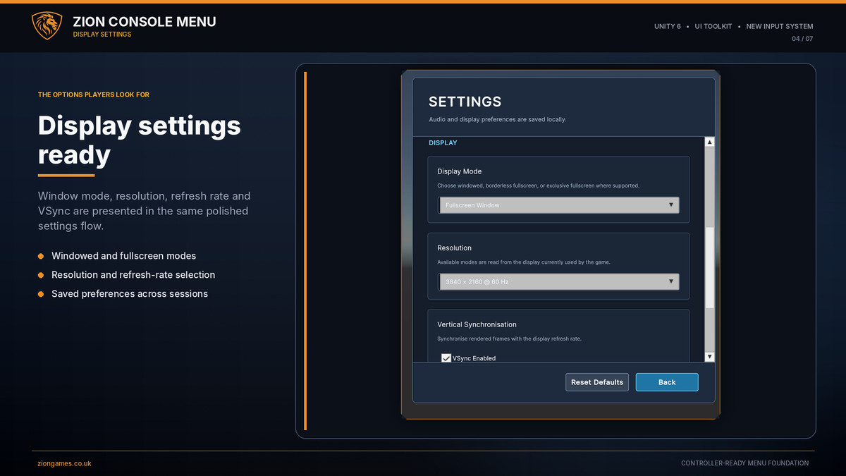 Zion Console Menu