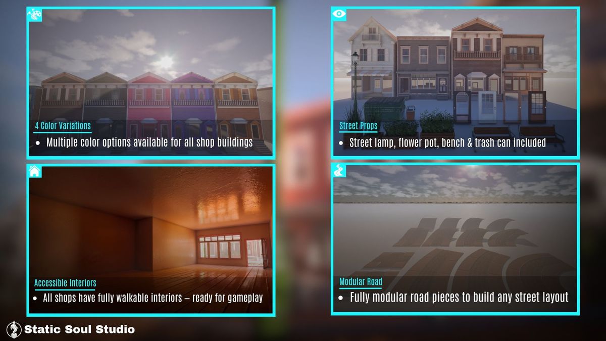 Town Stores & Streets ( Shop Interiors , Modular Roads , Color Variations )