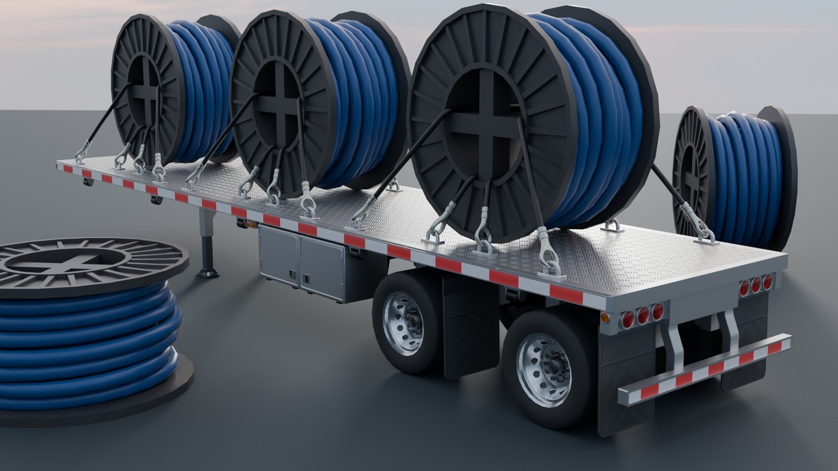 American Semi Truck with Flatbed Trailer & Cable Reel Cargo