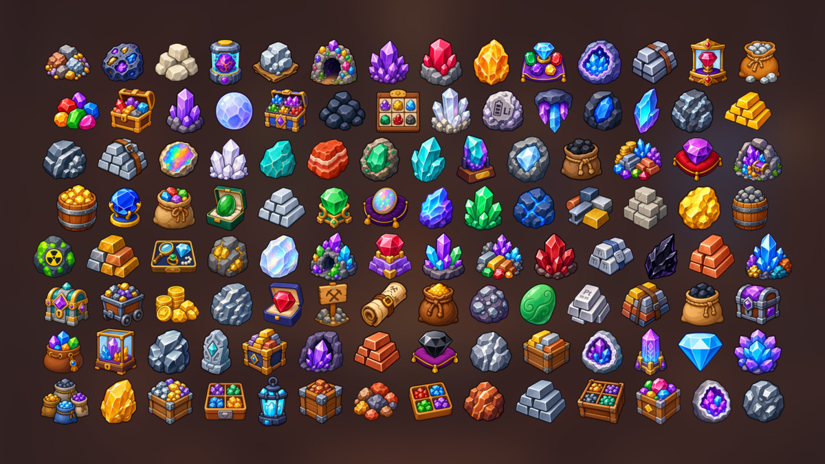 Crystal Gems Ore Mining Cave Treasure Resources Icons Pack