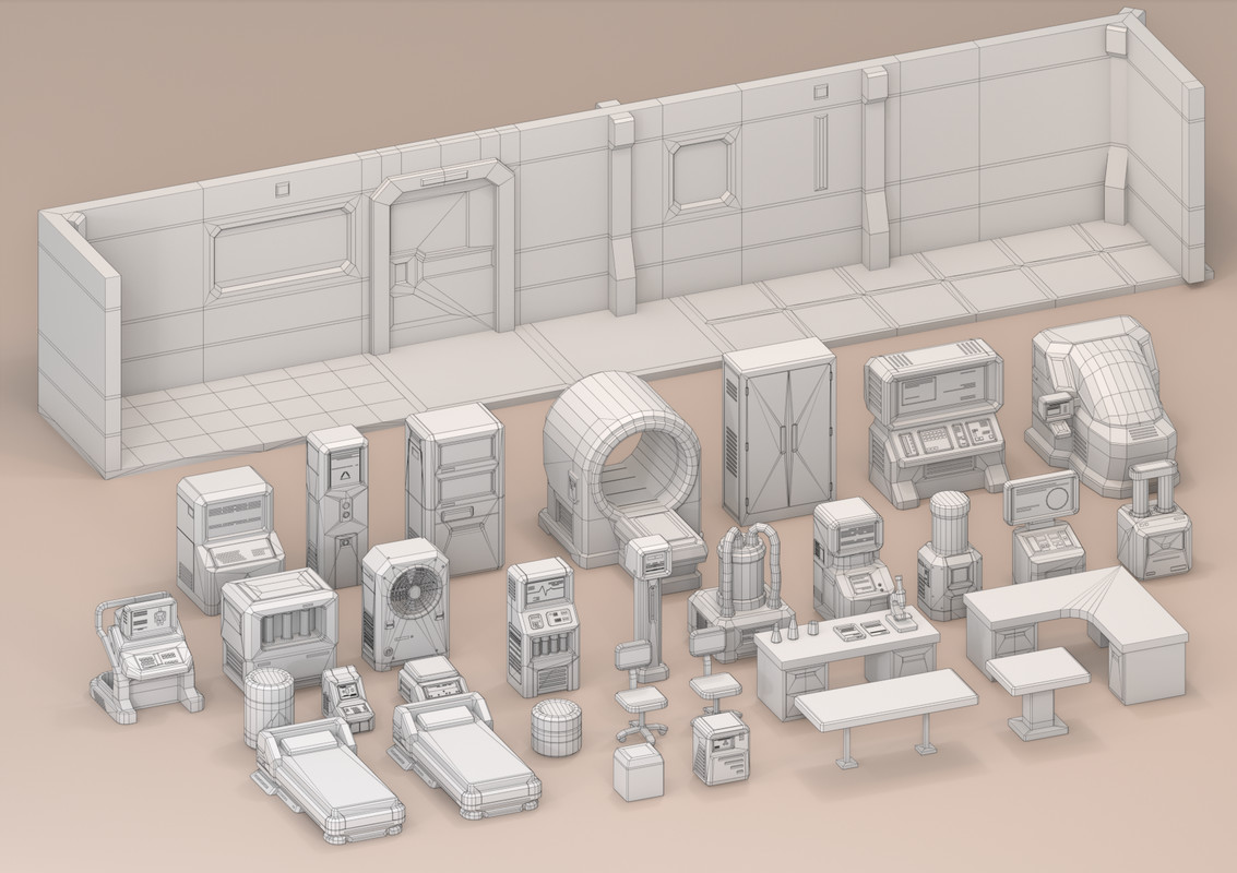 Sci-Fi Low Poly Interior Bundle: Grand Colony Collection (5-in-1) | Cosmic Retro