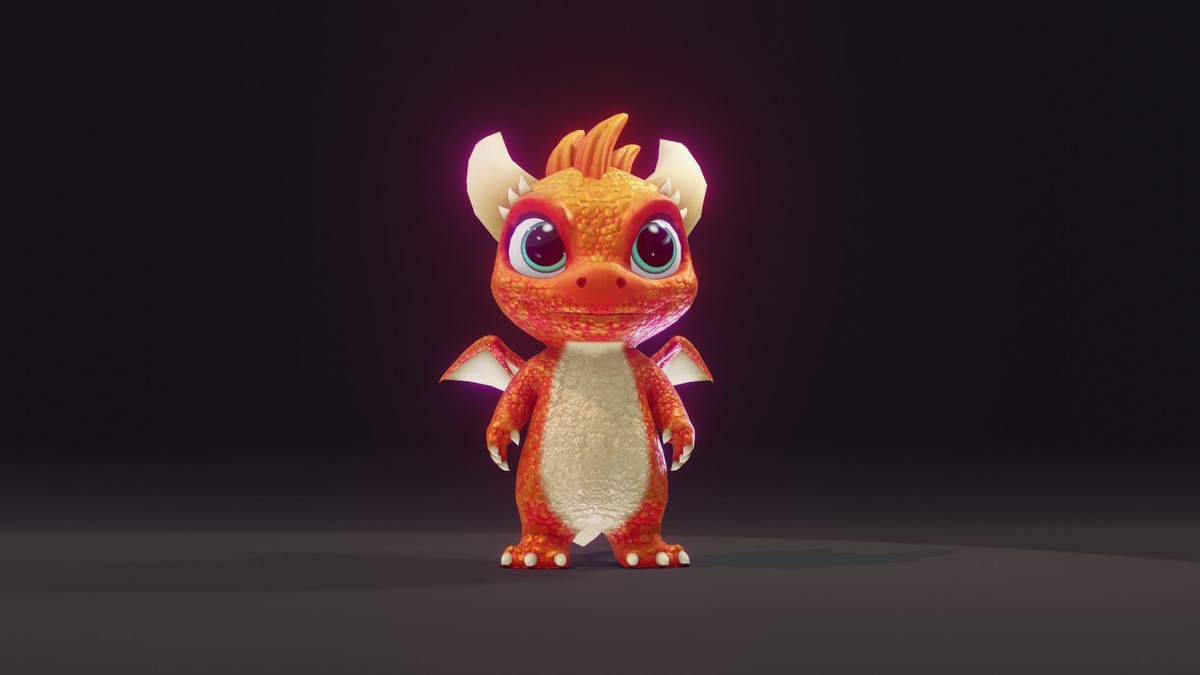 Cartoon Orange Baby Dragon 3D Model (Low-Poly, Game-Ready, Animated, Built-In)