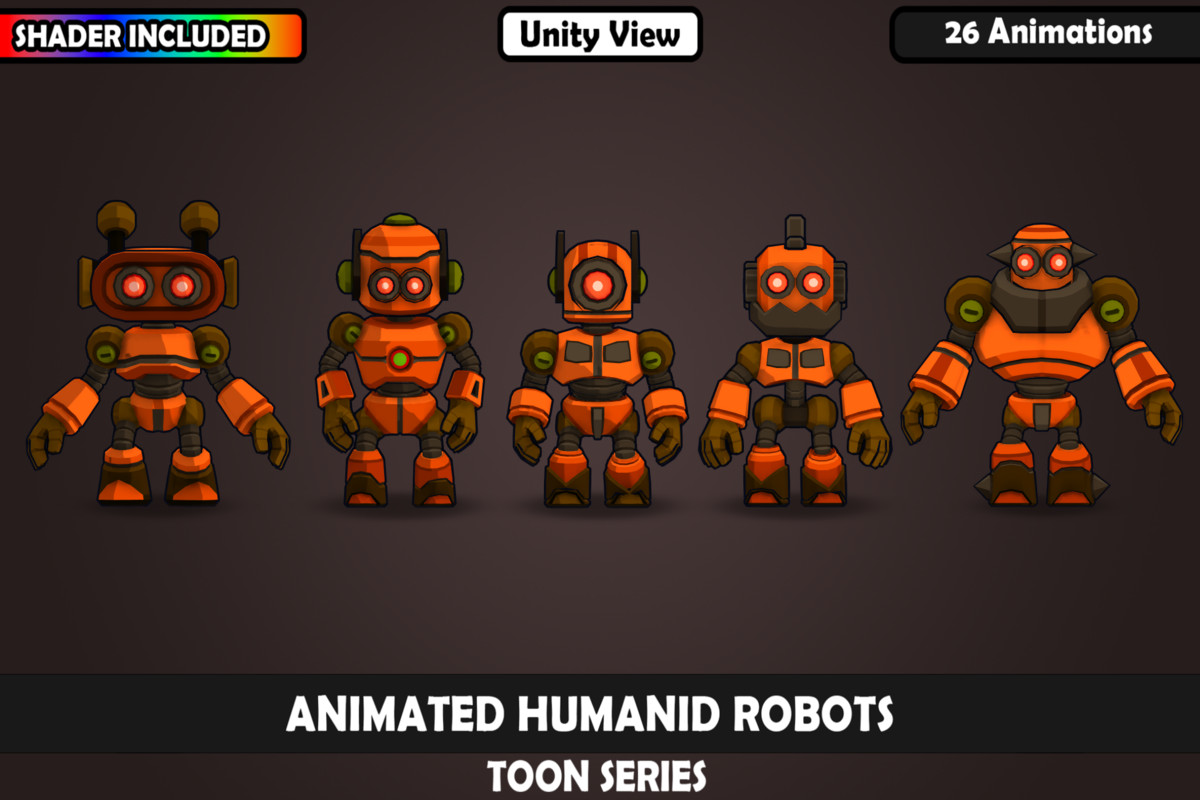 V1 Animated Toon Humanoid Robot Charcaters : 5 Characters, 26 Animations, Matcap