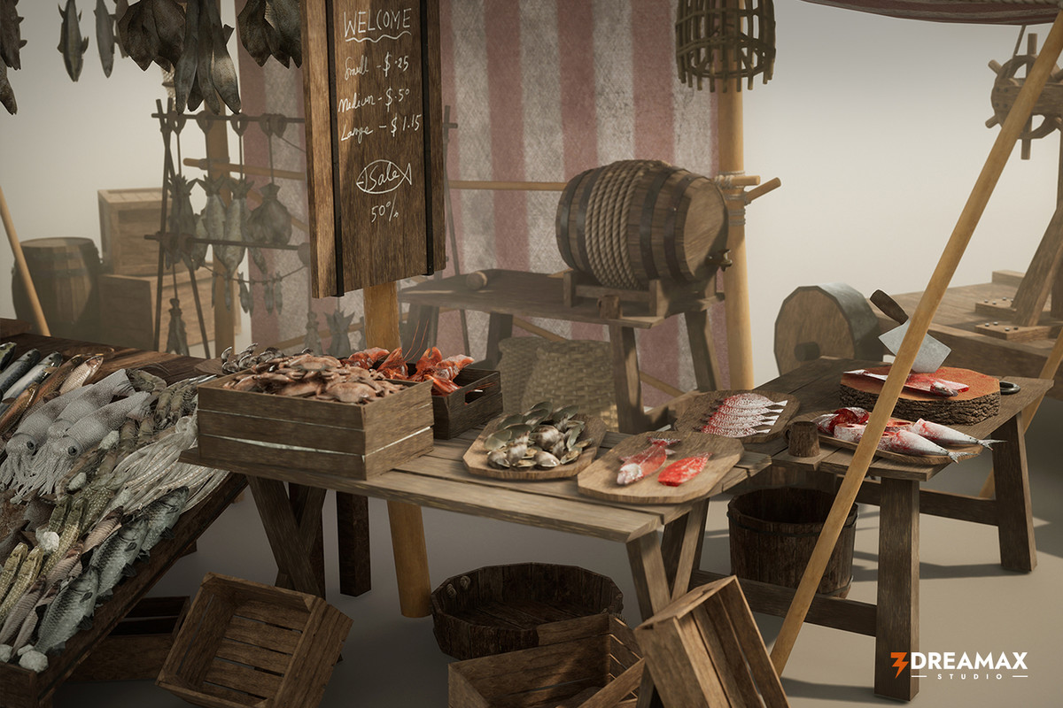 Medieval Fish Market Stalls & Seafood Display Props Pack Vol. 1