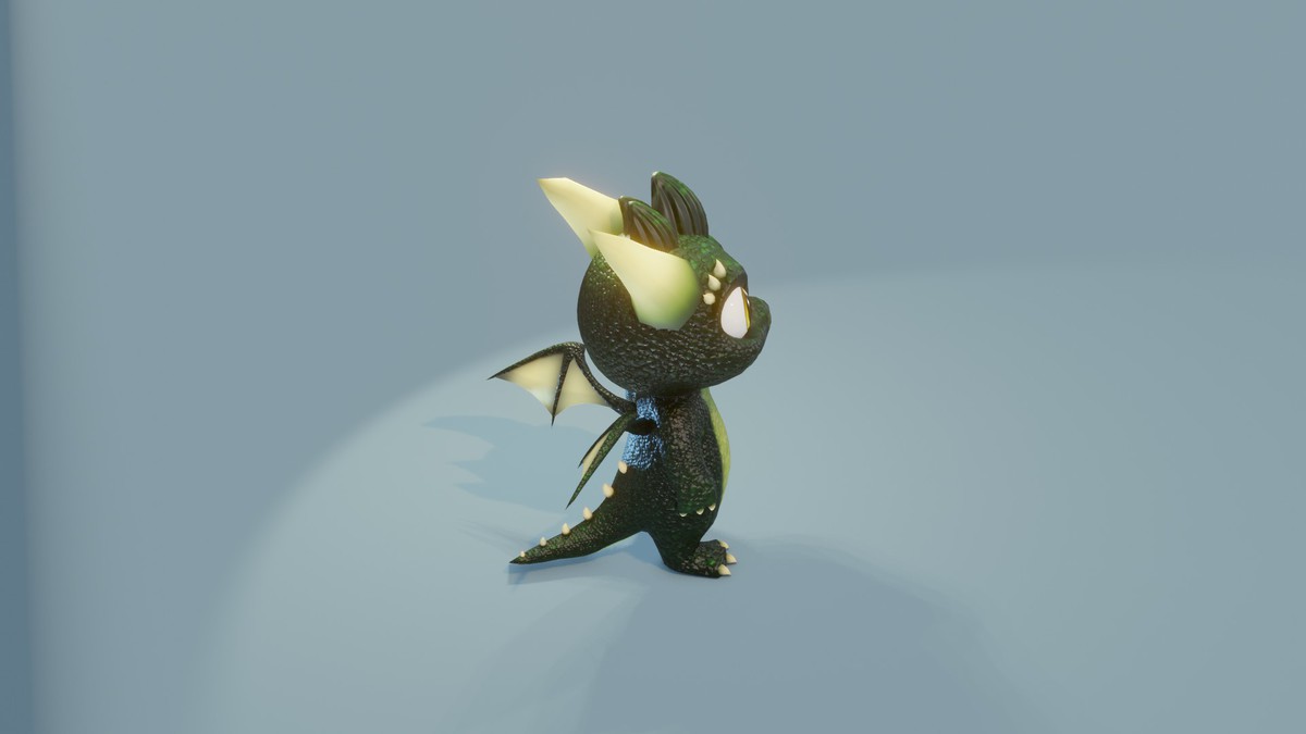 Cartoon Dark Green Baby Dragon 3D Model (Low-Poly, Game-Ready, Built-In)