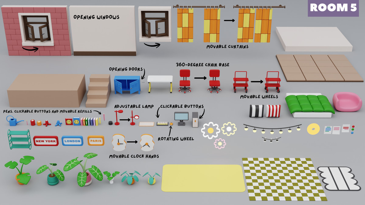 Cartoon Interactive Rooms & Furniture - Cozy Interior Pack 2