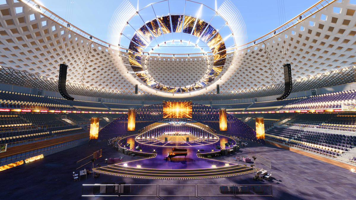 Golden Concert Arena Stadium 3D Model - Futuristic Environment with Stage, Props
