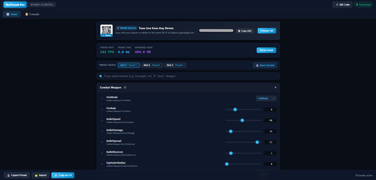 NetTweak Pro - Remote Game Balancing & Runtime Debug Station